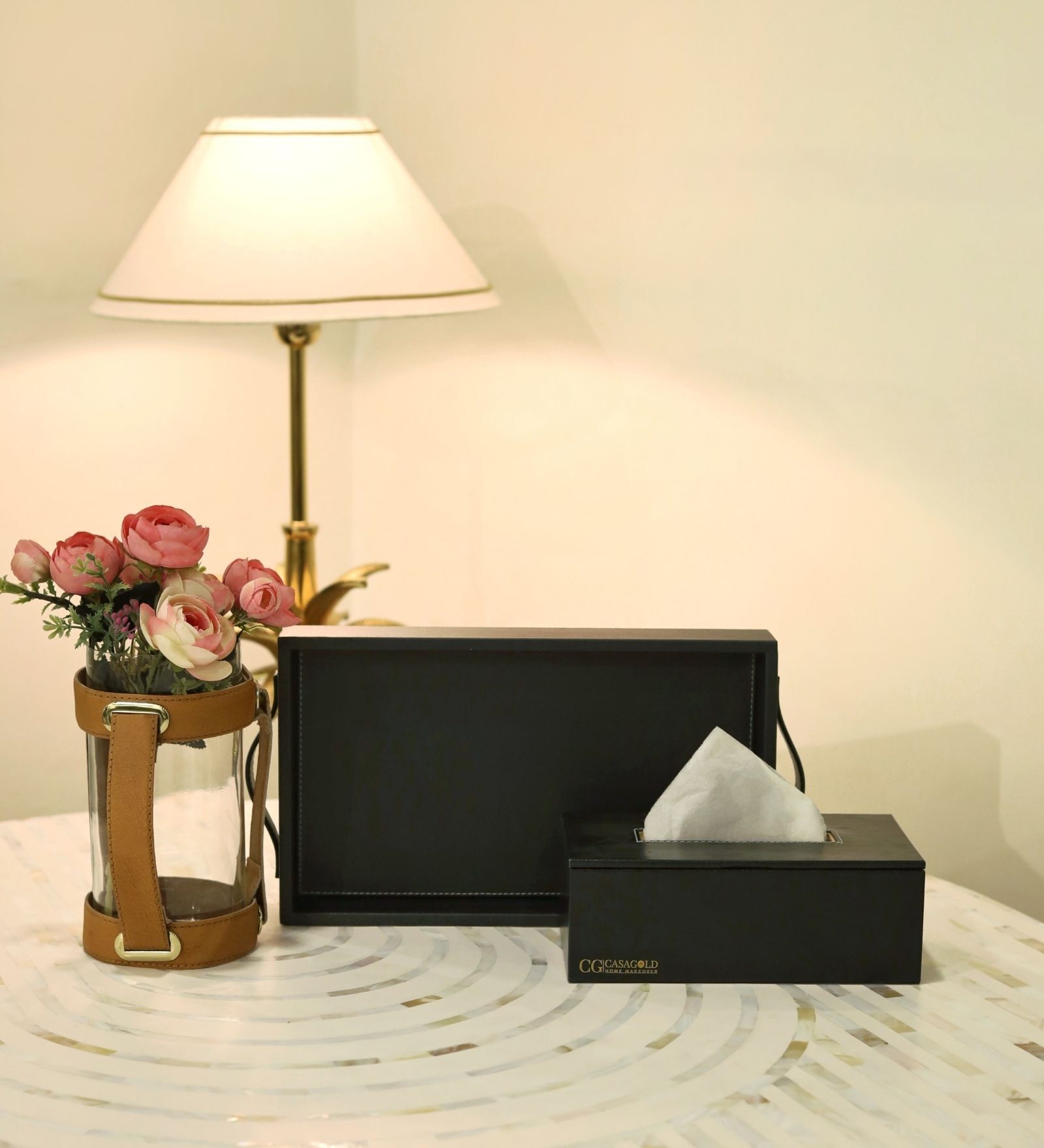 CasaGold Combo Leather Tray with Tissue Box-Black