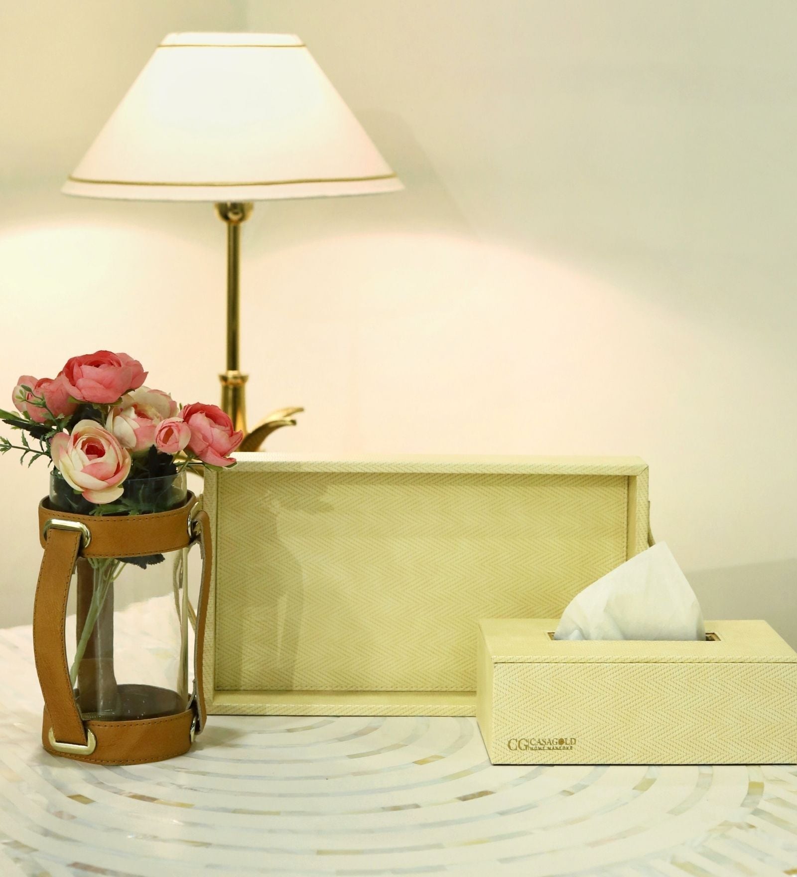 CasaGold Combo Leather Tray with Tissue Box-Cream Twill