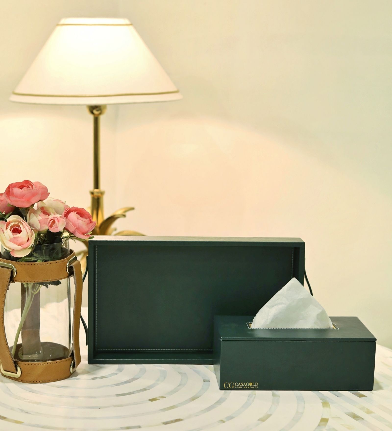 CasaGold Combo Leather Tray with Tissue Box-Green