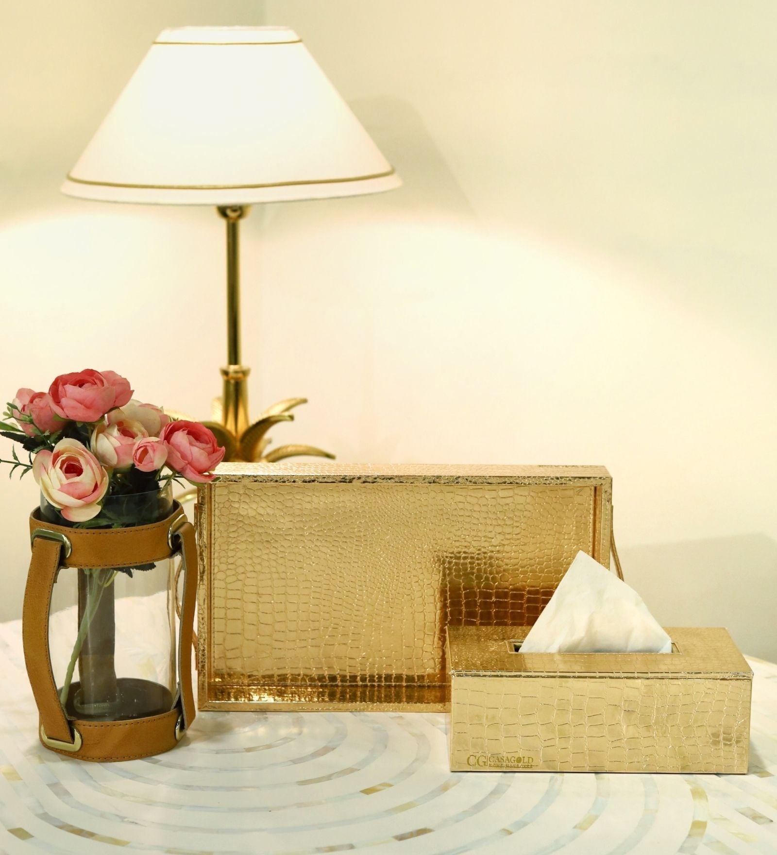 CasaGold Combo Leather Tray with Tissue Box-Rose Gold