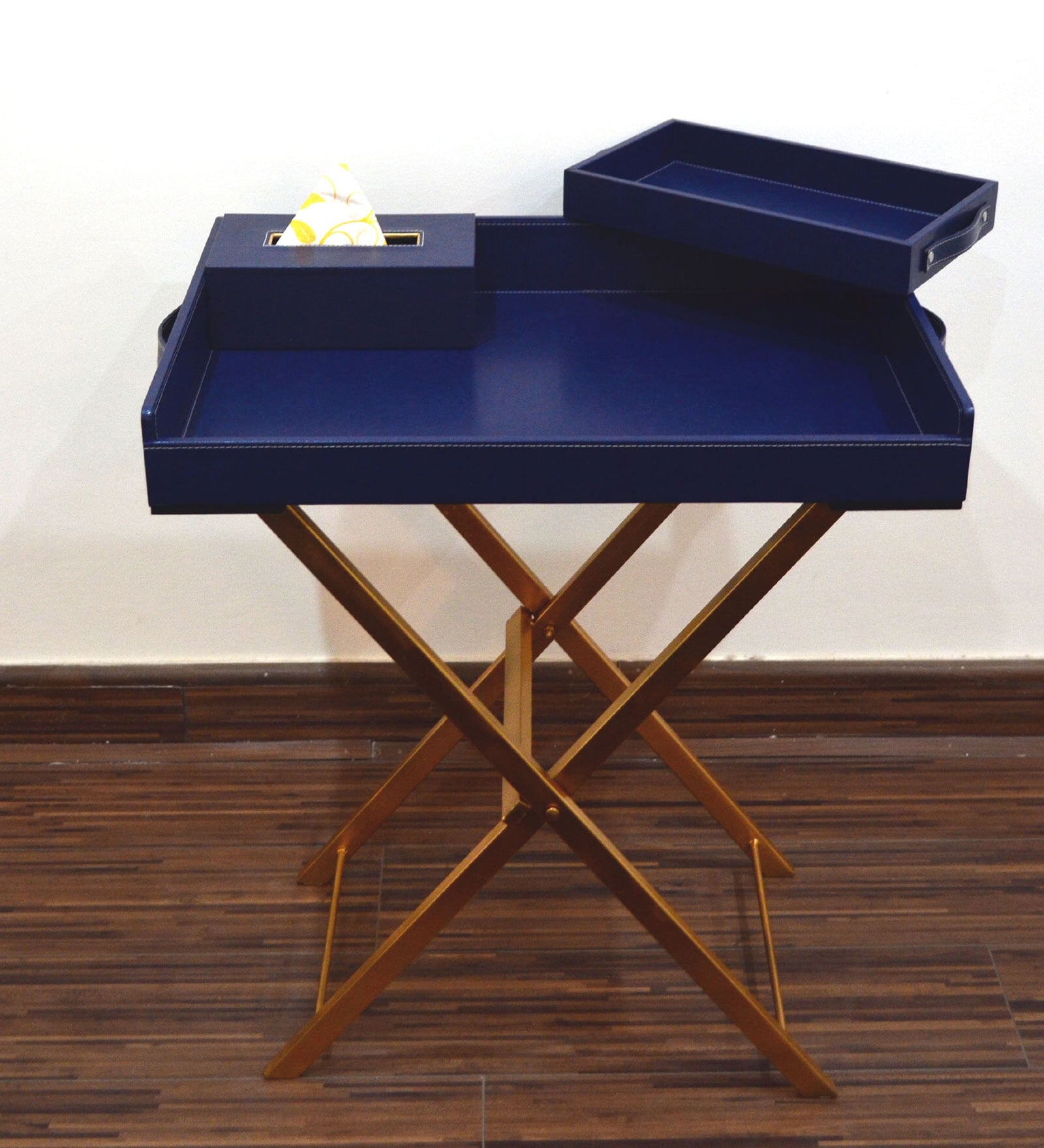 CasaGold Ink Blue Foldable Leather Butler Tray Table & Serving Tray & Tissue Box with Metal Stand