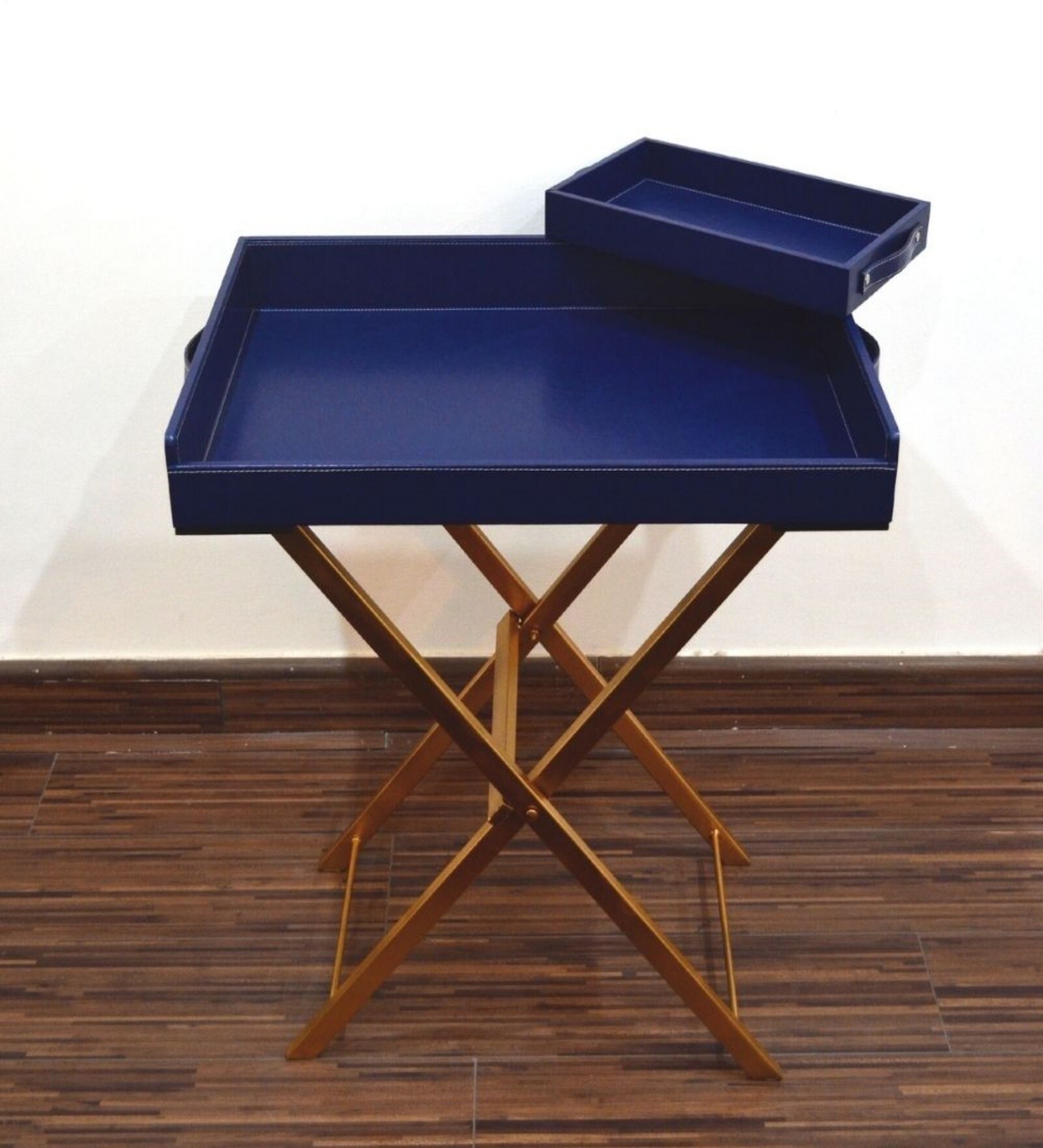 CasaGold Ink Blue Foldable Leather Butler Tray Table & Serving Tray with Metal Stand