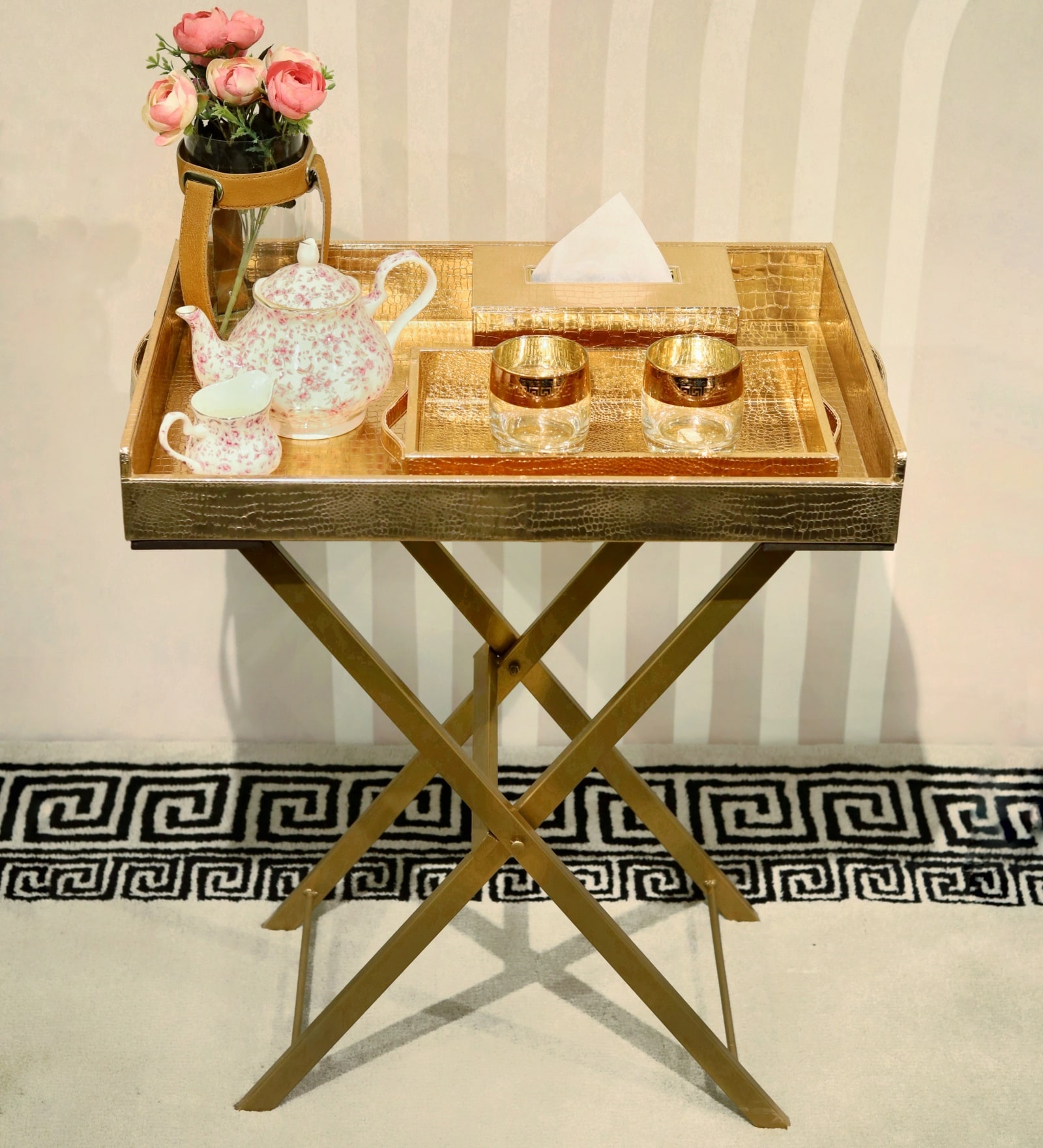 CasaGold Rose Gold Foldable Leather Butler Tray Table & Serving Tray & Tissue Box with Metal Stand