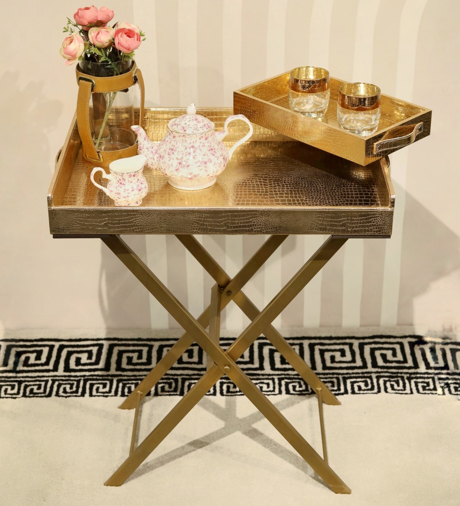 CasaGold Rose Gold Foldable Leather Butler Tray Table & Serving Tray with Metal Stand