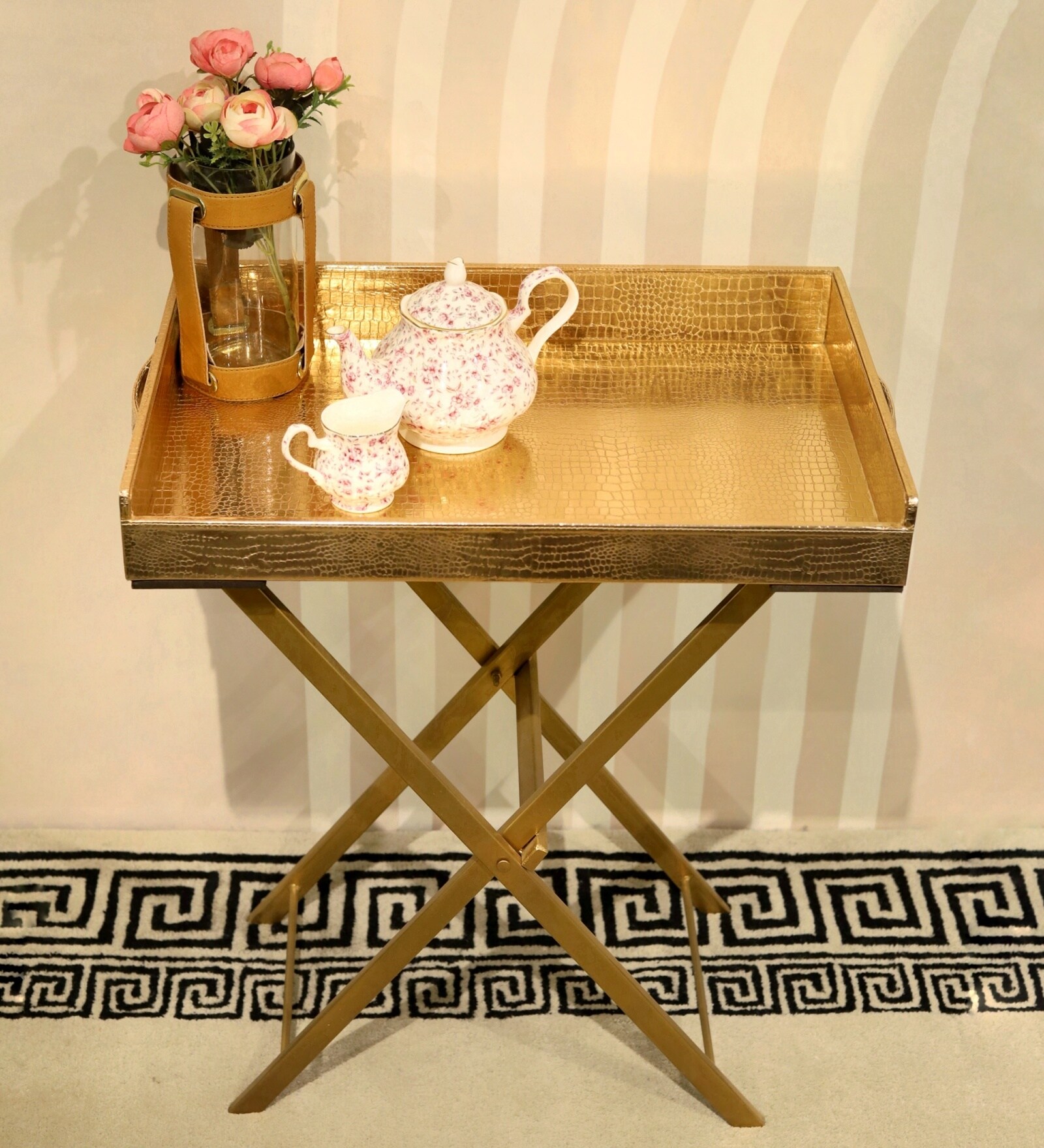CasaGold Rose Gold Foldable Leather Tray Table with Metal Stand