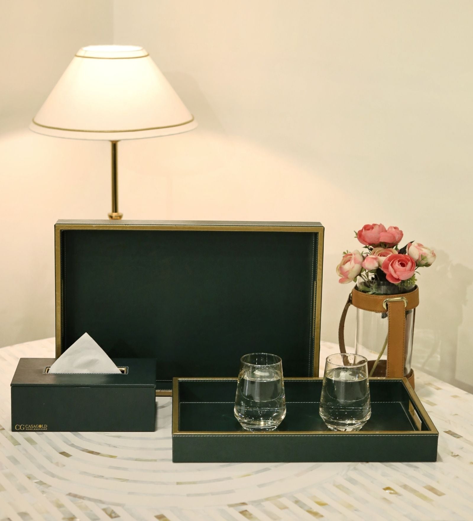 CASAGOLD SET OF 2 LEATHER TRAY WITH TISSUE HOLDER SET