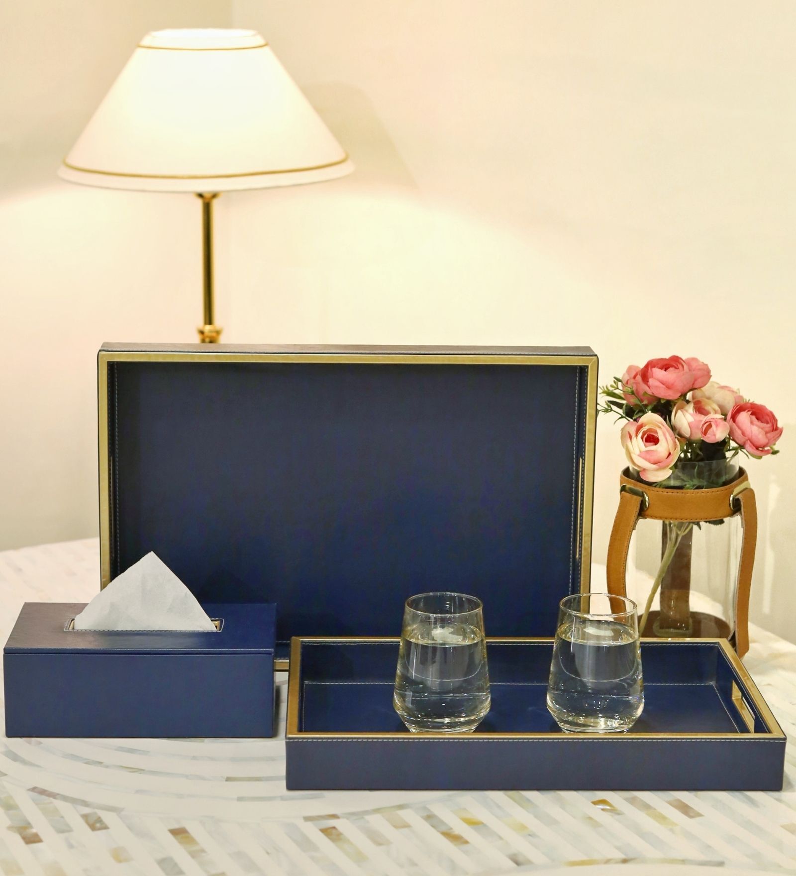 CASAGOLD SET OF 2 LEATHER TRAY WITH TISSUE HOLDER SET -INK BLUE