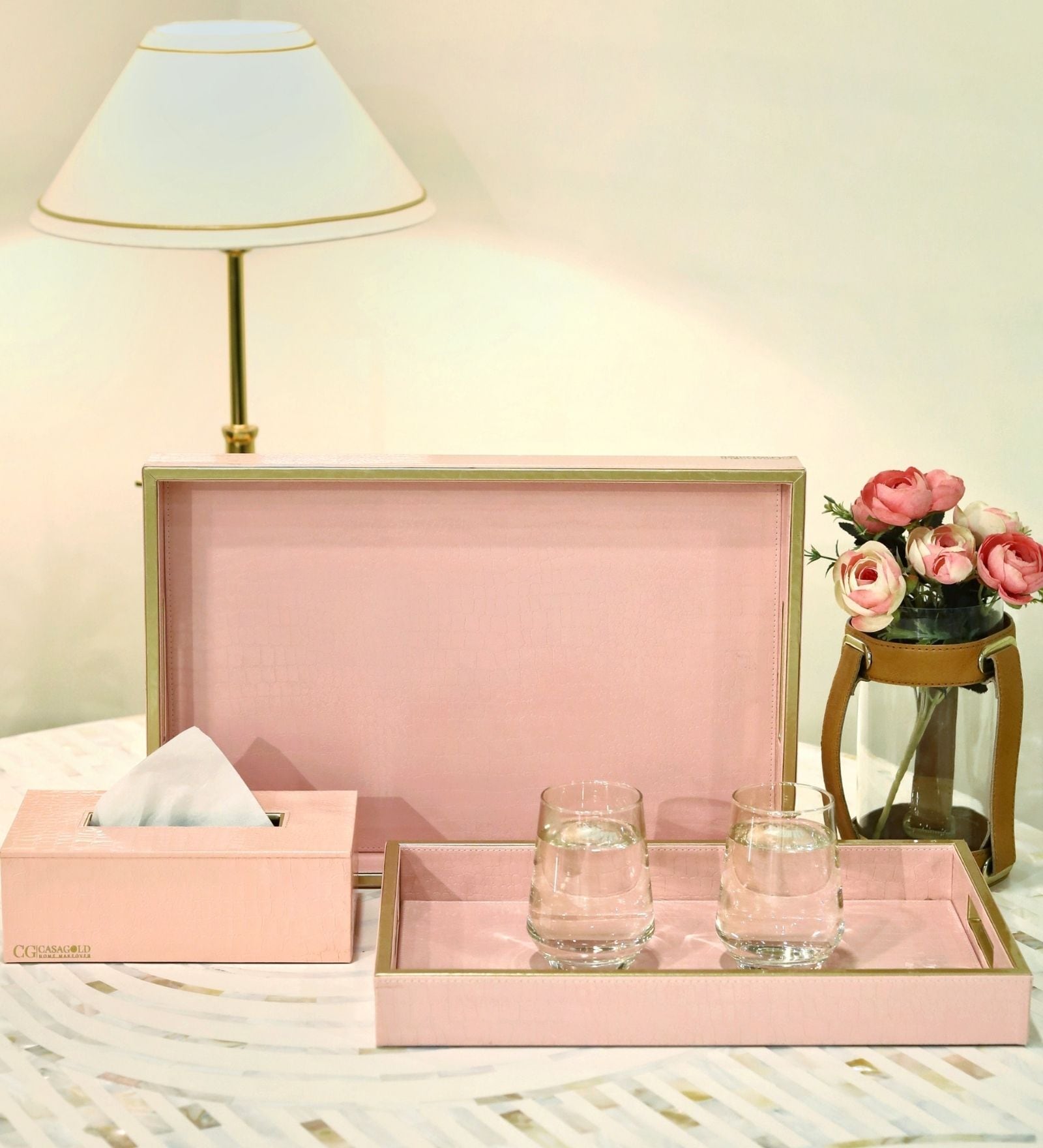 CASAGOLD SET OF 2 LEATHER TRAY WITH TISSUE HOLDER SET -PINK