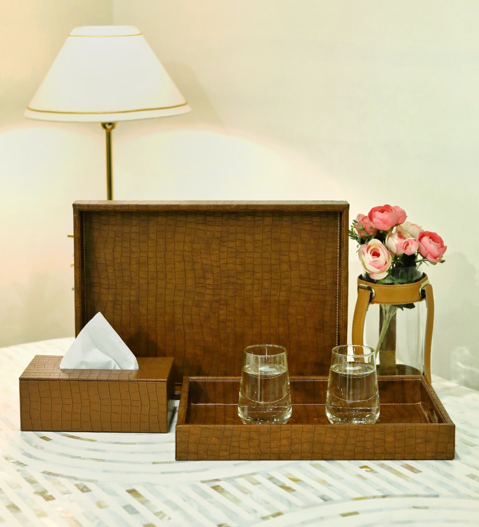 CASAGOLD SET OF 2 LEATHER TRAY WITH TISSUE HOLDER SET -TAN BROWN