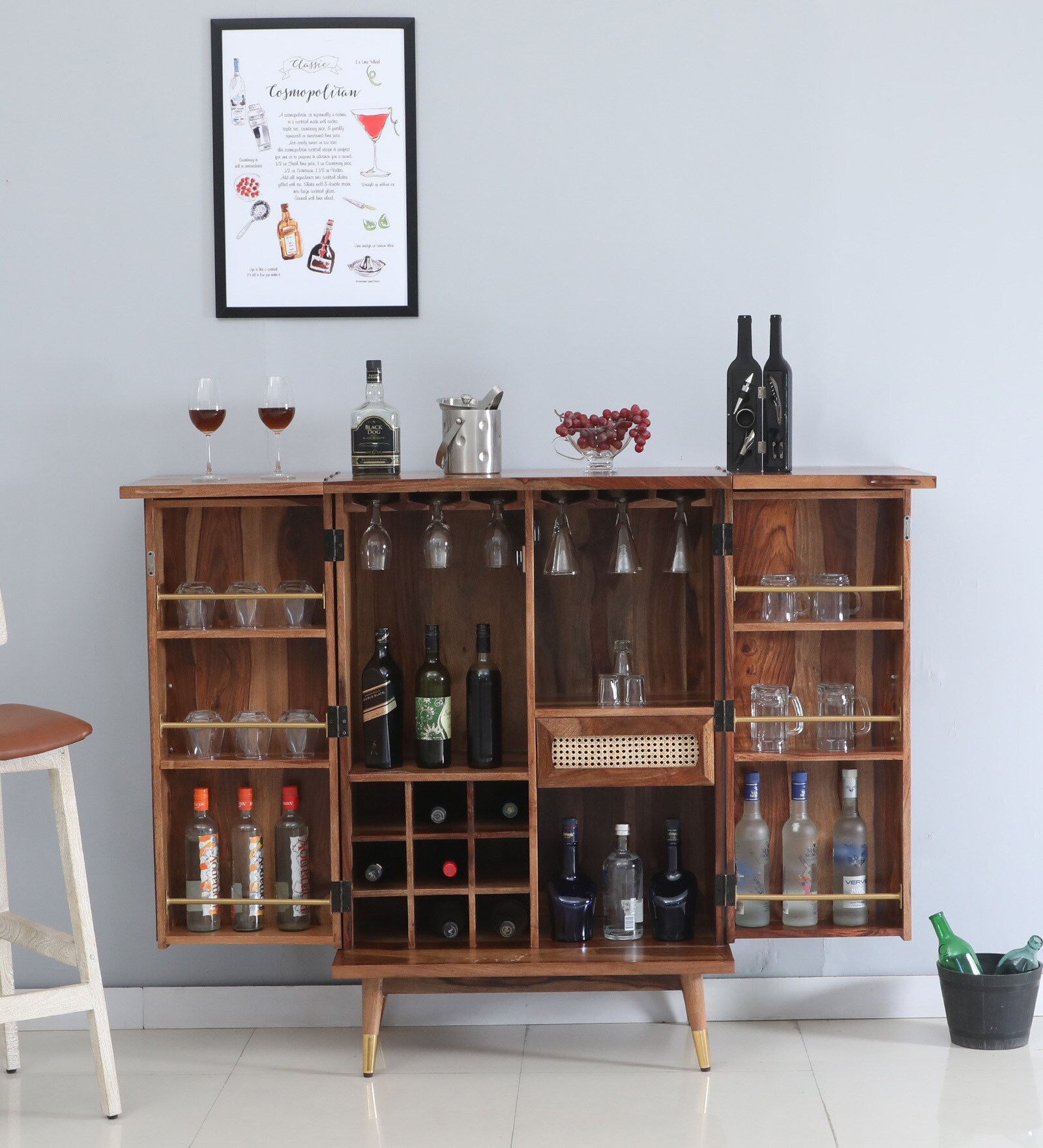 Caserta Sheesham Wood Bar Cabinet In Rustic Teak Finish