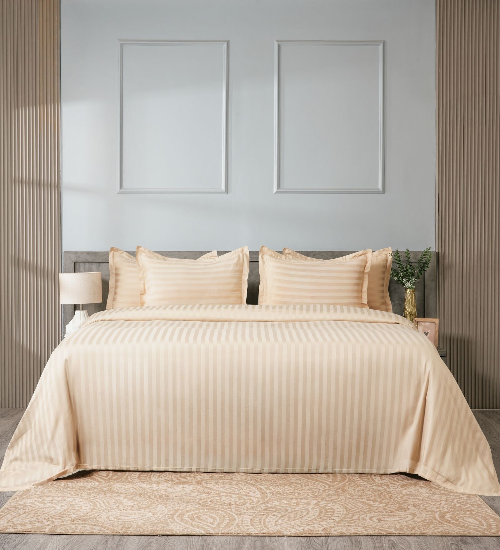 Beige 300TC 100% Cotton Stripe Flat Super King Bedsheet with 2 Pillow Covers