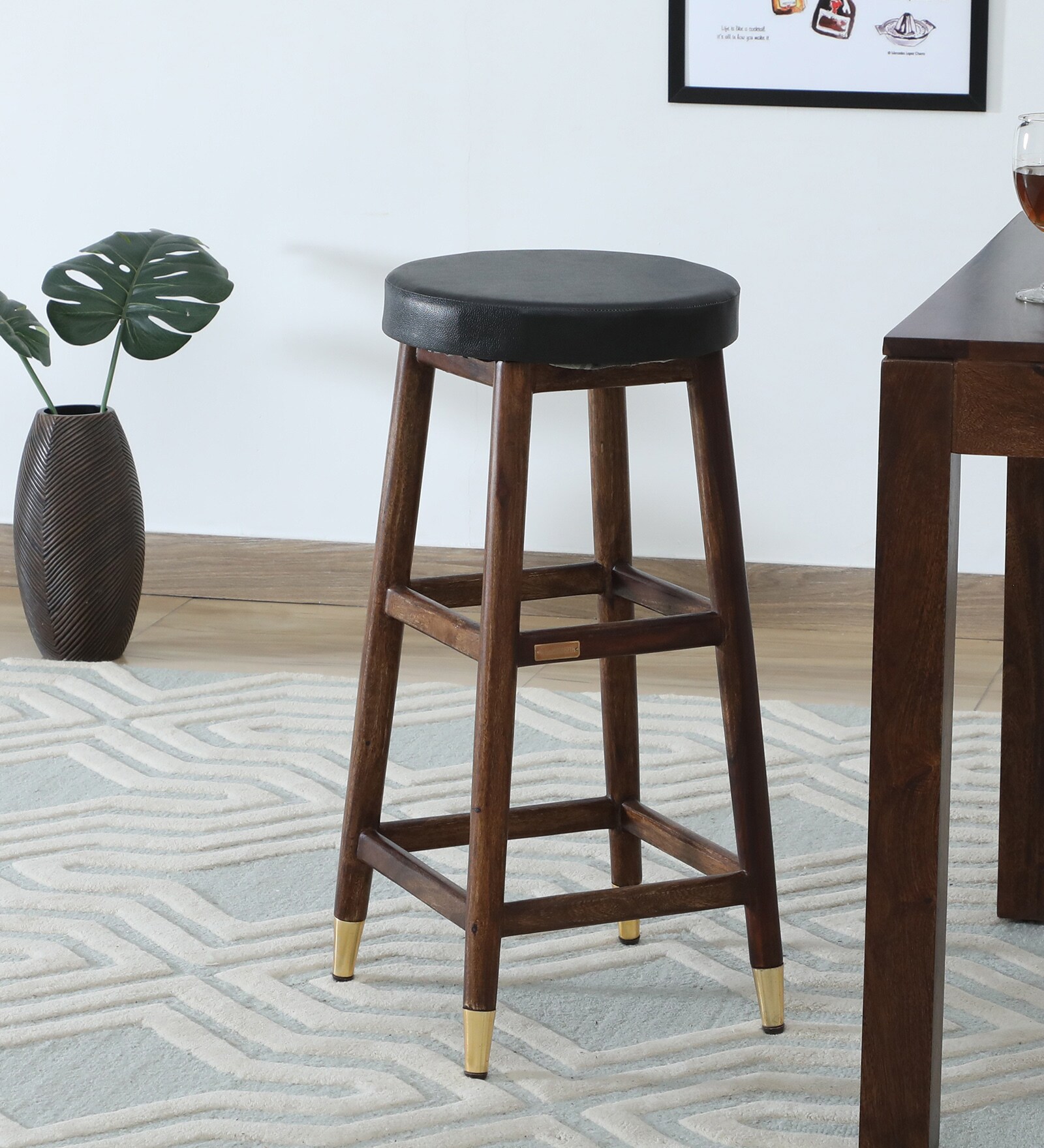 Caslav Sheesham Wood Bar Stool In Provincial Teak Finish With Black Leatherette