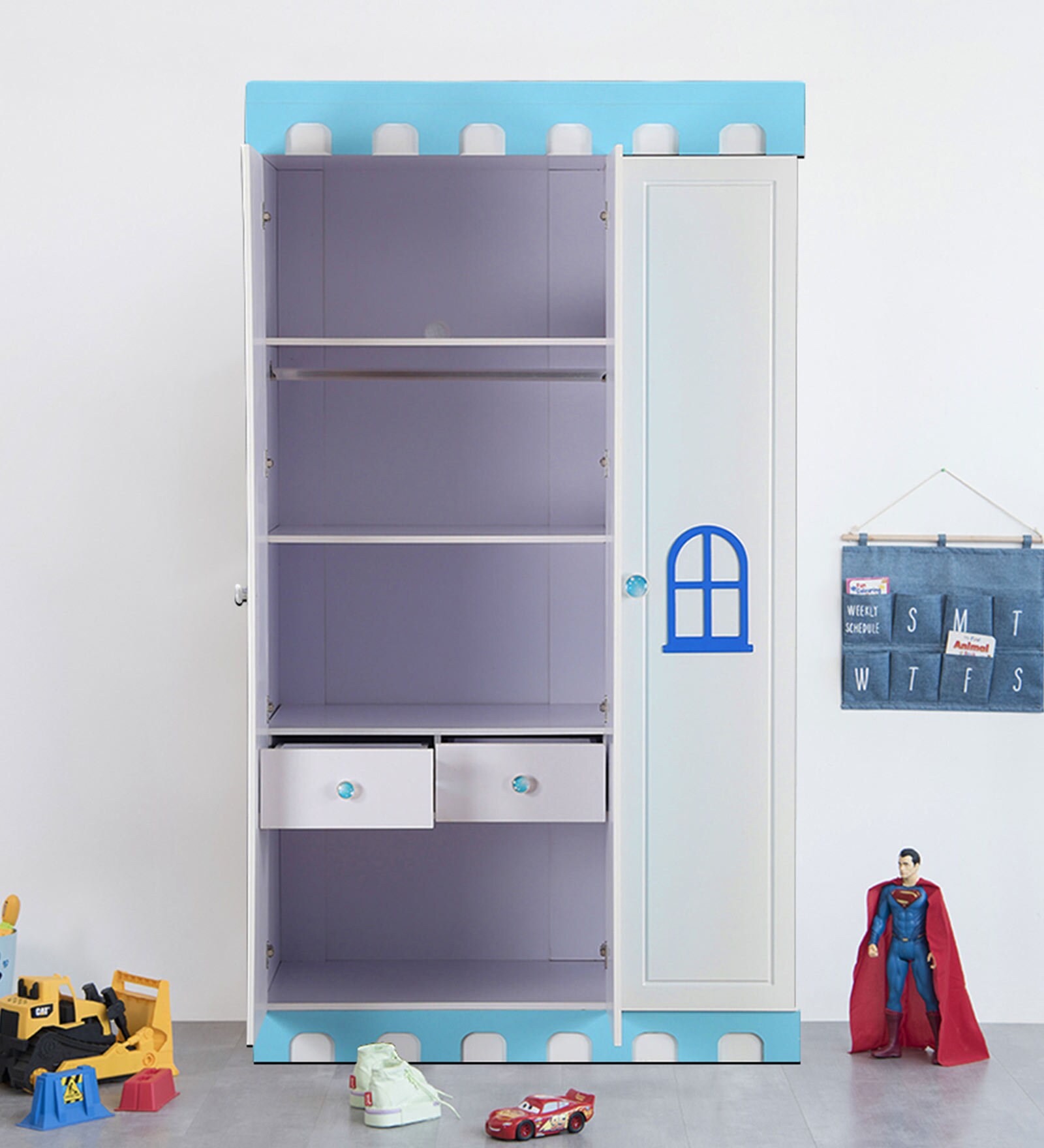 Castle 3 Door Kids Wardrobe in Highgloss White & Blue Colour