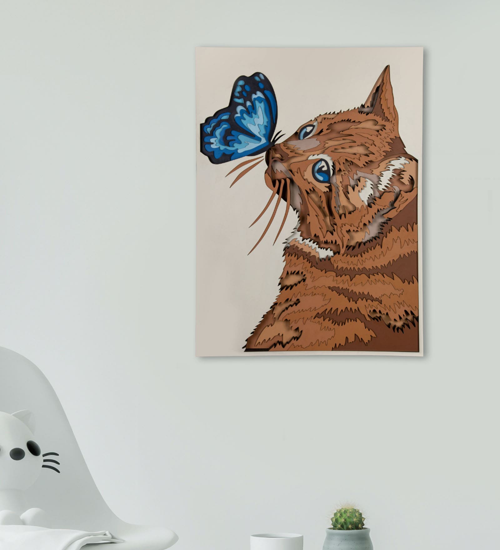 Cat Meets Butterfly Pinewood Wall Mural In Brown