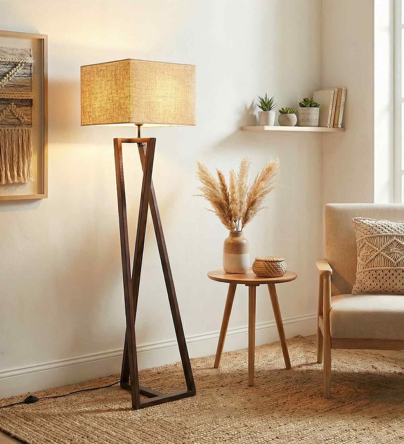 Catapult Wooden Floor Lamp with Jute Shade & Brown Base
