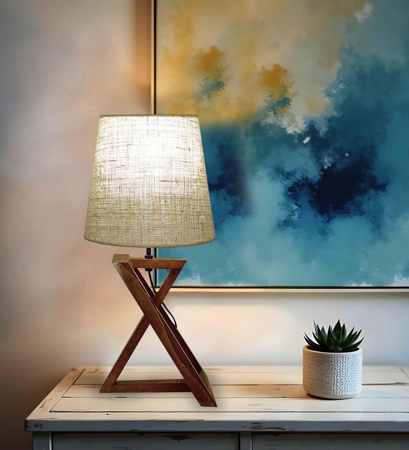 Catapult Wooden Table Lamp with Jute Shade & Brown Base