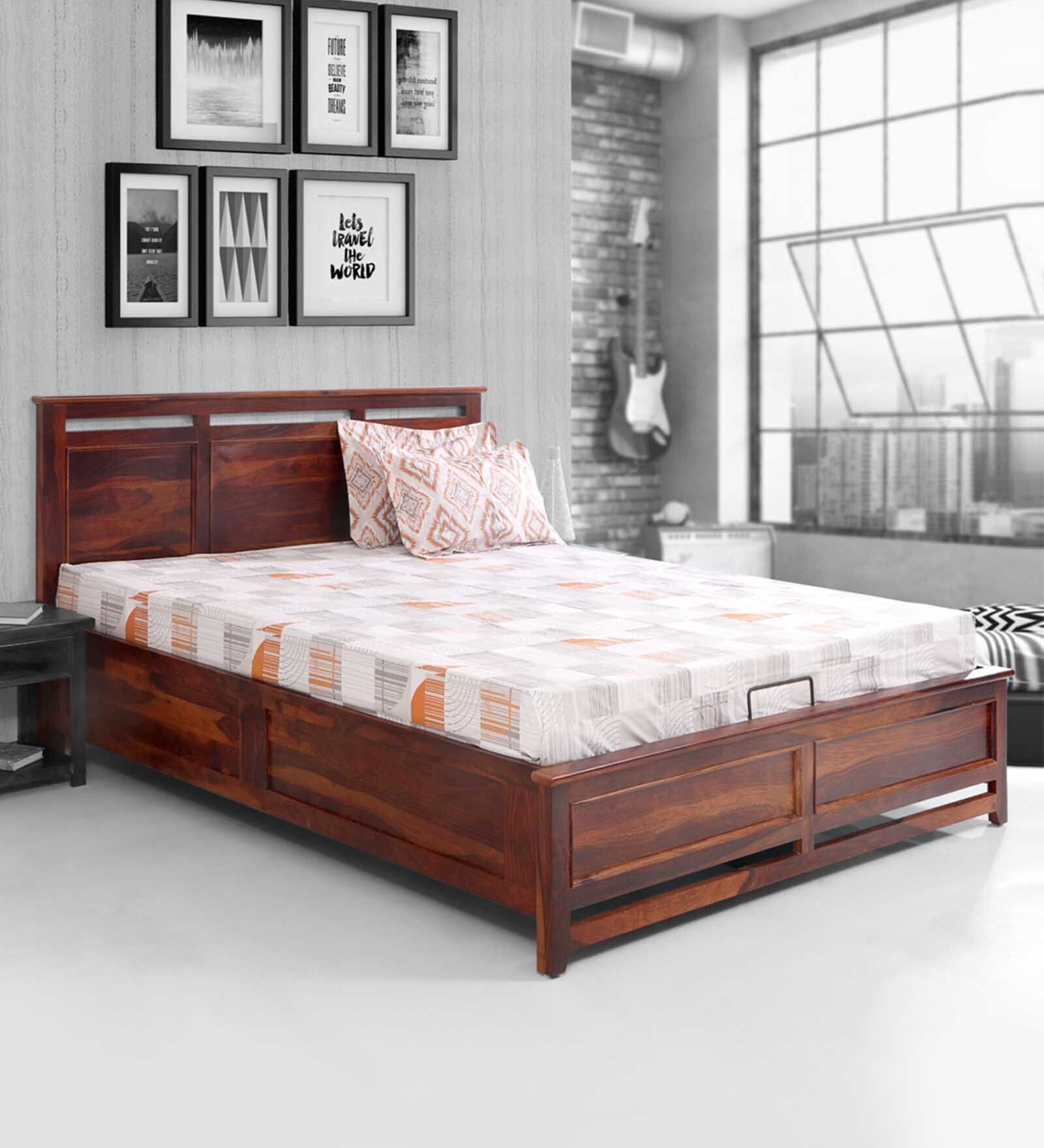 Buy Catherine King Size Bed With Hydraulic Storage in Walnut Finish at