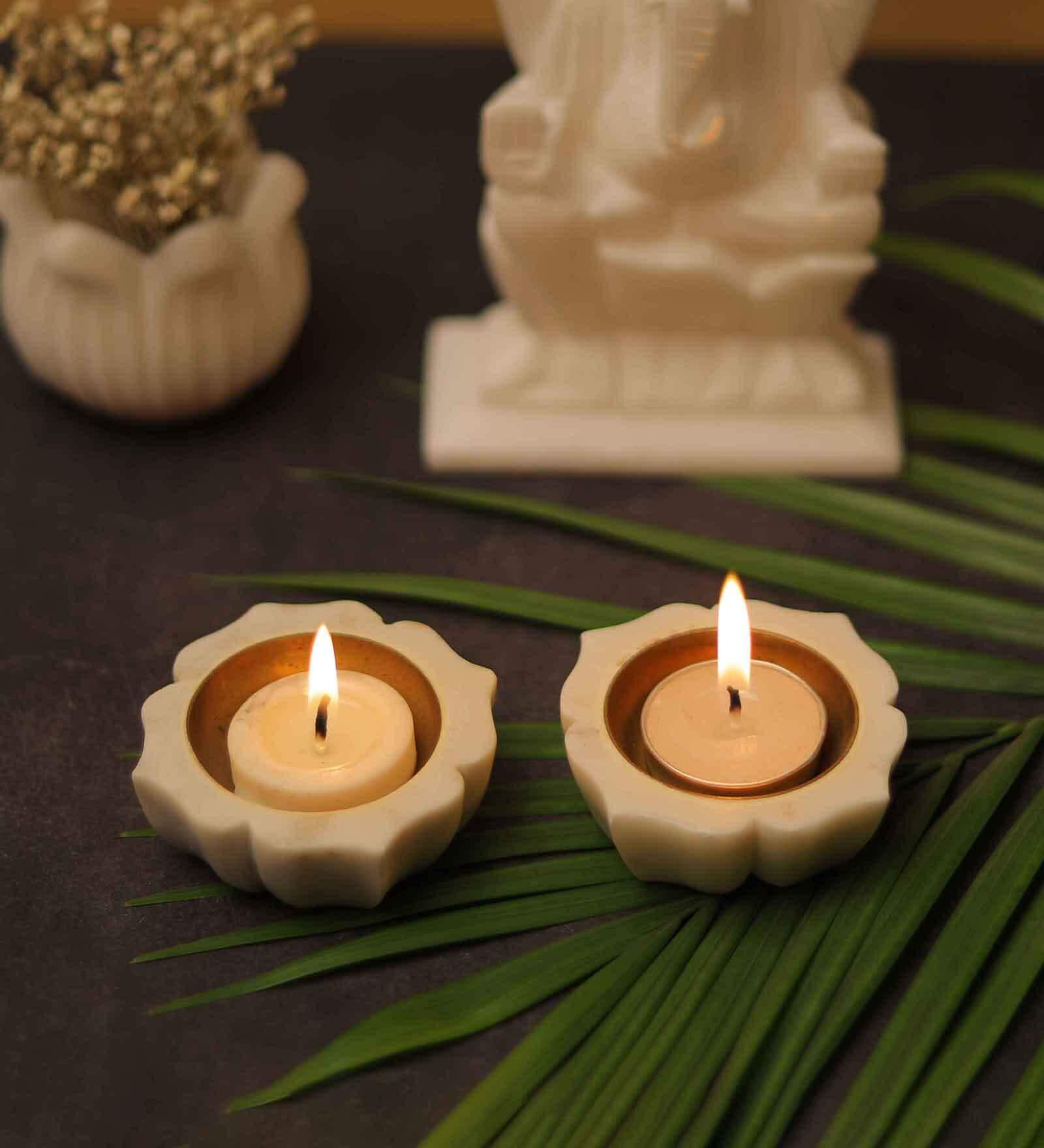 Catori White White Marble & Brass Tea Light Holder
