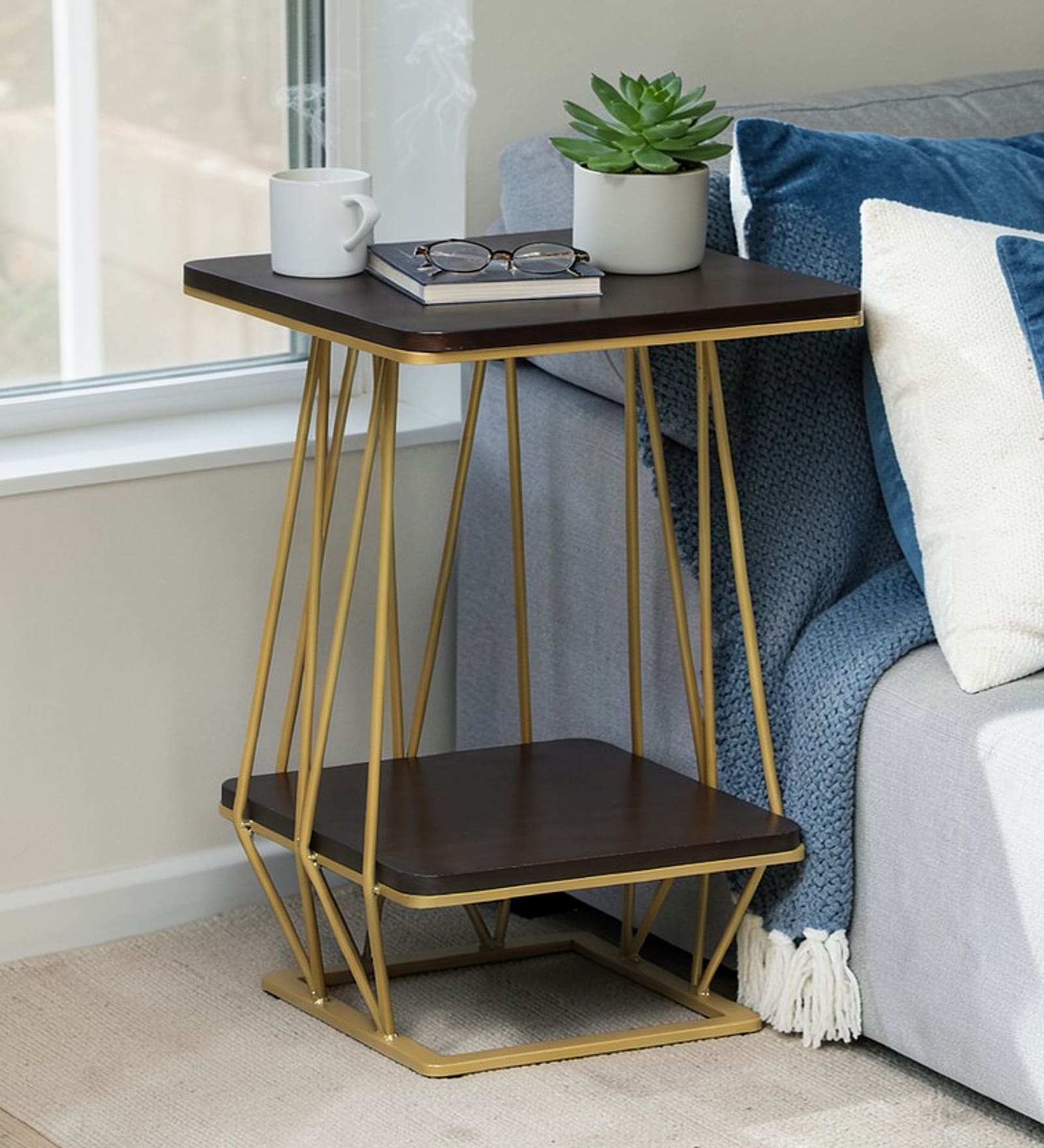 Cavos Metal Square End Table In Gold Colour