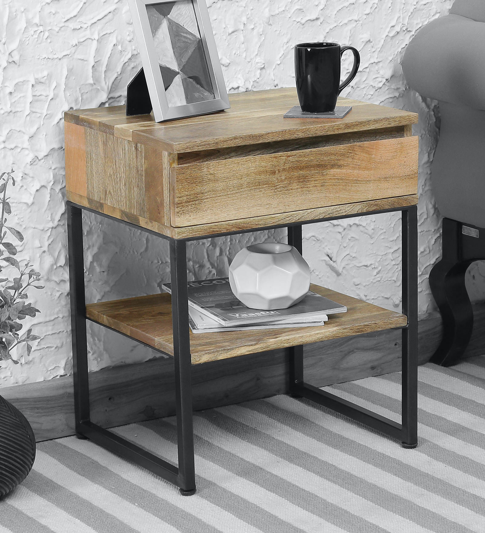 Cayuse Solid Wood Night Stand in Natural Finish with Bronze Frame