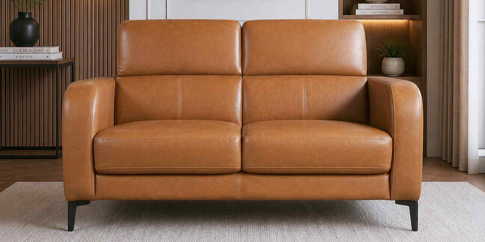 Calista Leather Fabric 2 Seater Sofa In Brown Colour