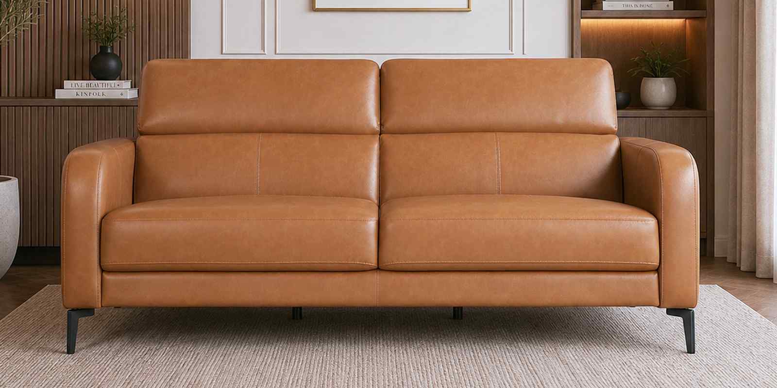 Calista Leather Fabric 3 Seater Sofa In Brown Colour
