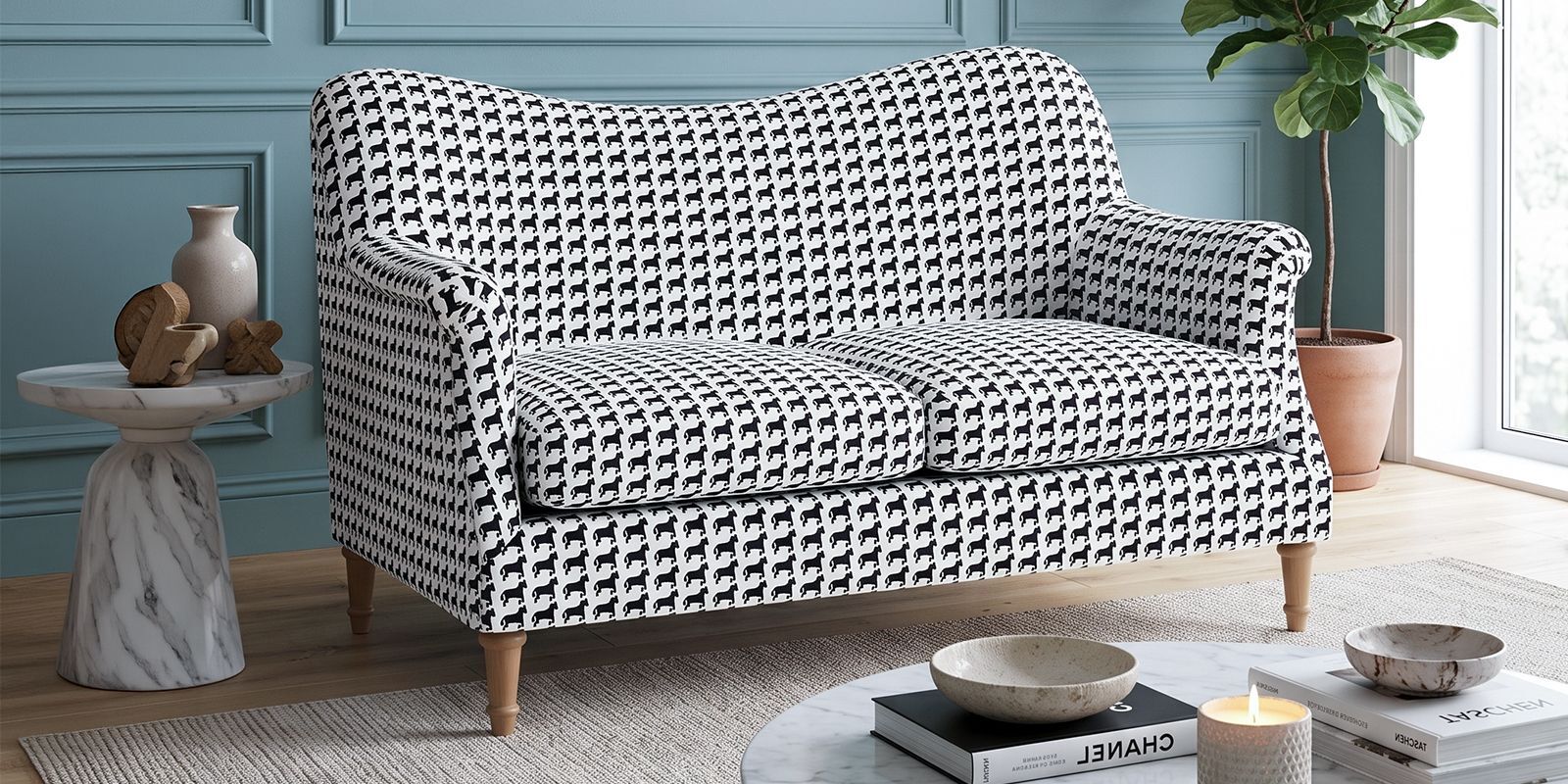 Classic Houndstooth 2 Seater Upholstered Sofa In White And Black Colour Classic Houndstooth 2 Seater Upholstered Sofa In White And Black Colour