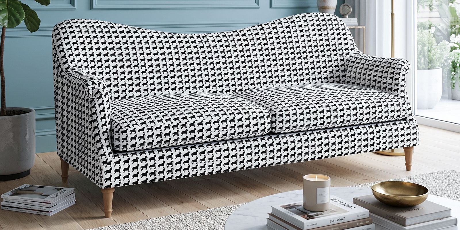 Classic Houndstooth 3 Seater Upholstered Sofa In White And Black Colour Classic Houndstooth 3 Seater Upholstered Sofa In White And Black Colour