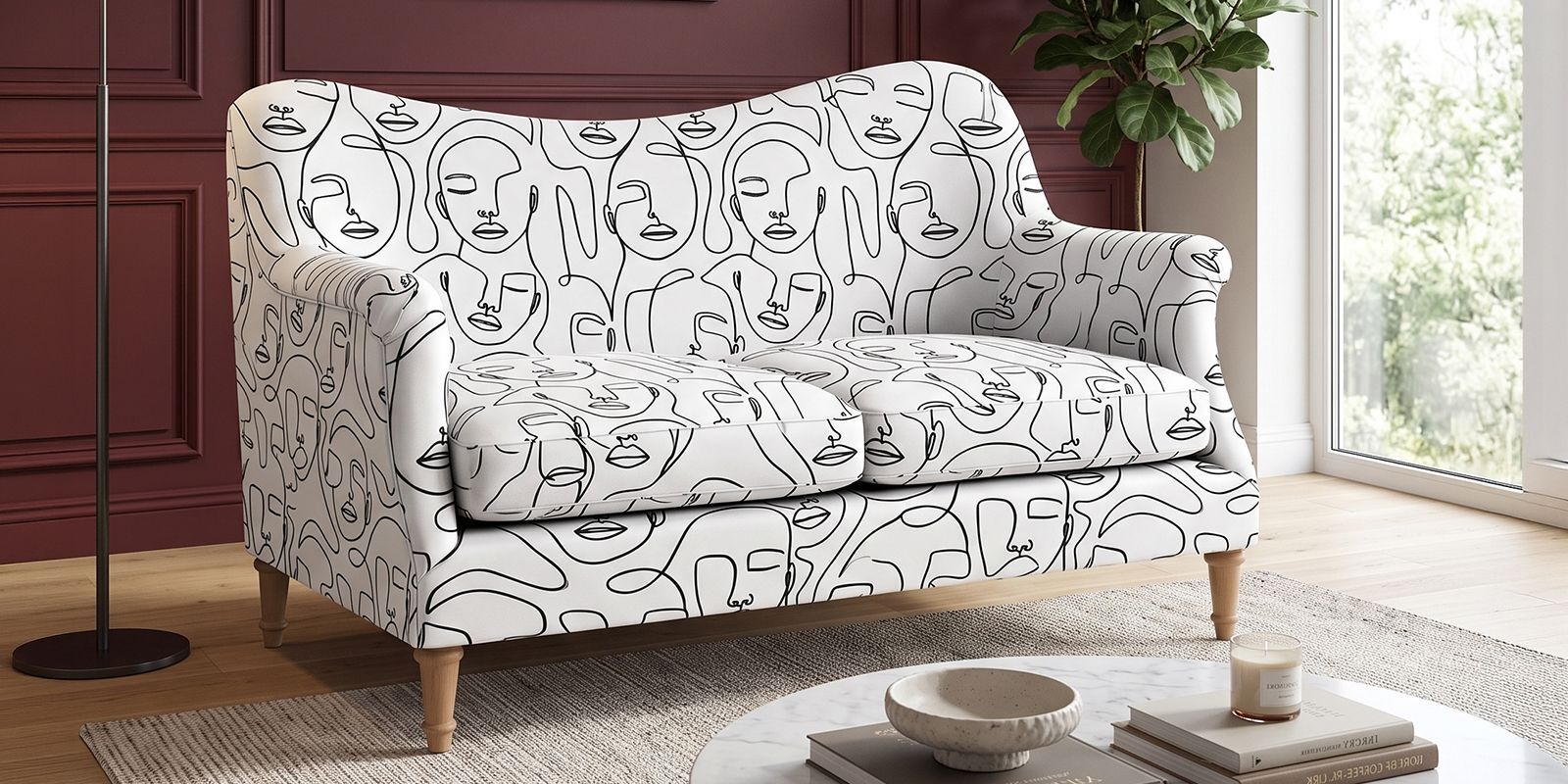 Modern Muse 2 Seater Upholstered Sofa In White And Black Colour Modern Muse 2 Seater Upholstered Sofa In White And Black Colour