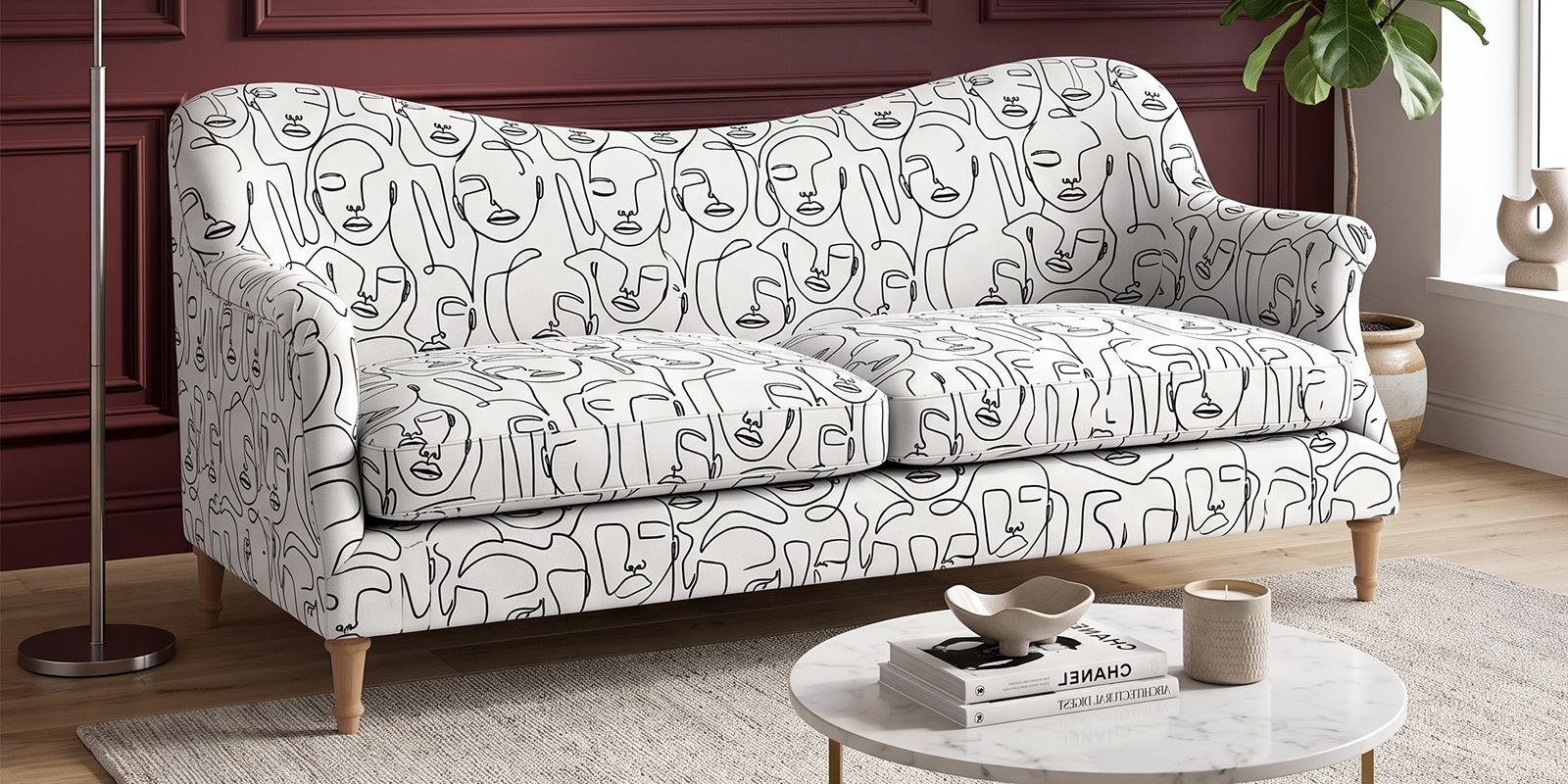 Modern Muse 3 Seater Upholstered Sofa In White And Black Colour Modern Muse 3 Seater Upholstered Sofa In White And Black Colour