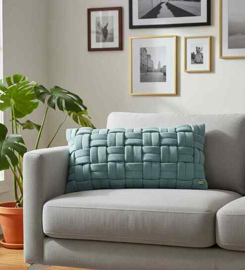 Cadet Blue 100% Cotton 12X20 Inches Knitted Cushion Cover With Filler