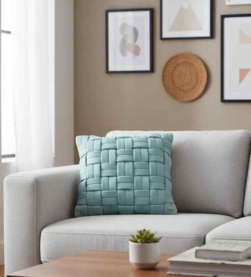 Cadet Blue 100% Cotton 16X16 Inches Knitted Cushion Cover With Filler