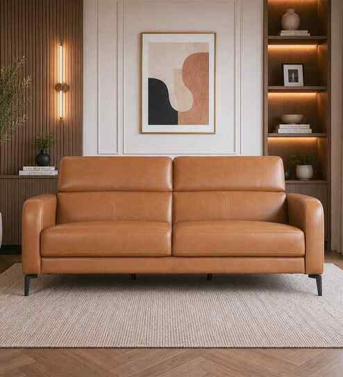 Calista Leather Fabric 3 Seater Sofa In Brown Colour