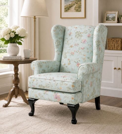 Calyra Teak Wood Wing Chair With Suede Fabric In Powder Blue Colour