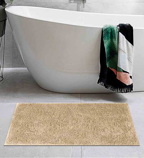 Beige Solid Cotton AntiSkid Bathmat
