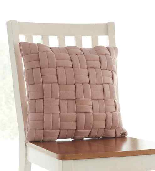 Cameo Pink 100% Cotton 16X16 Inches Knitted Cushion Cover With Filler