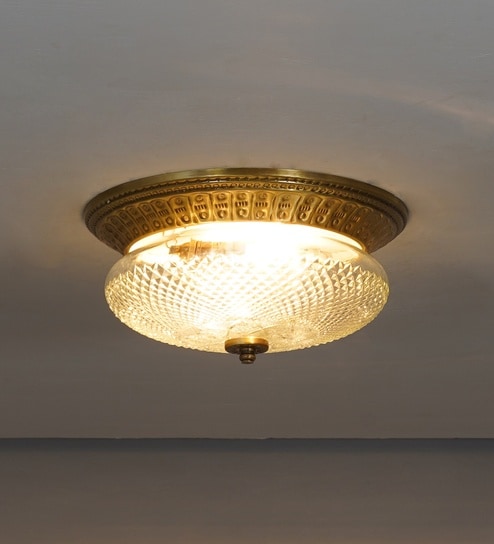 Cameron 2-Light Flush Mount Ceiling Light In Brass Finish With Amber Diamond Cut Glass