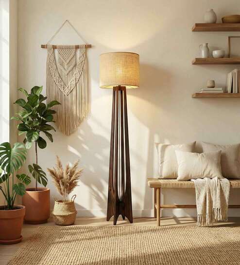 Camille Wooden Floor Lamp with Jute Shade & Brown Base