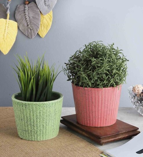 Camouflage Green And Rose Pink Ceramic Textured Planter, Set of 2 by The Decor Mart