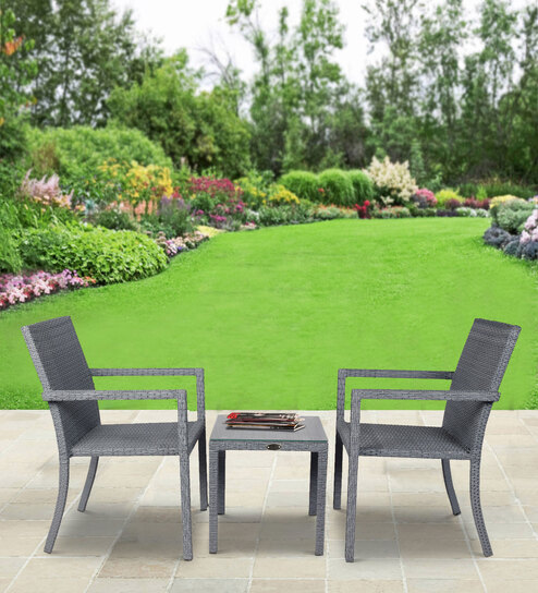 Canberra Wicker Table And Chair Set ( With 2 Chairs ) In Grey Finish
