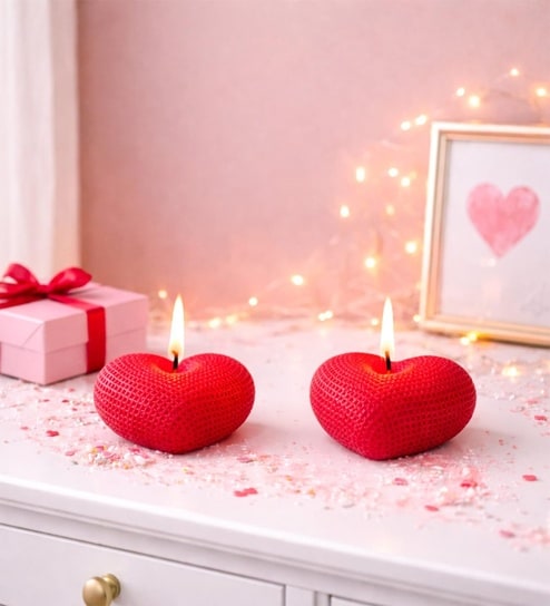 Red Heart Shape Valentine Candle Set Of 2