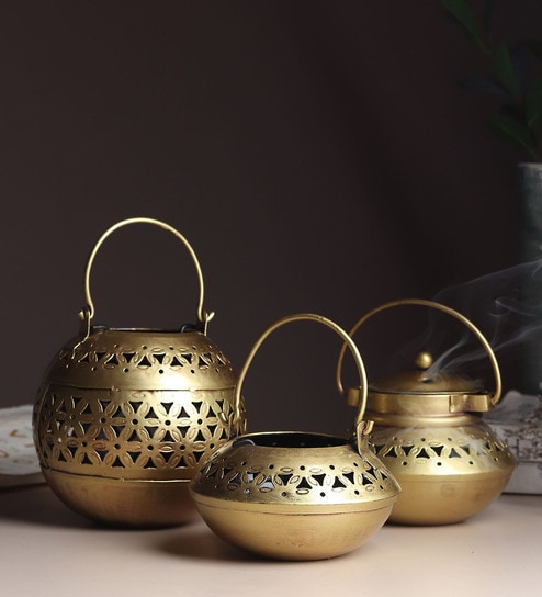 Set Of 3 Gold Metal Diwali Decoration Tea Light Holder