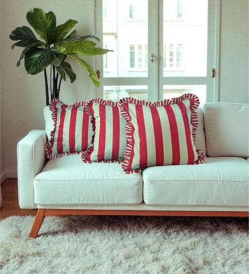 Green Striped Striped Cotton Ruffle 18x18 inches Cushion Covers Set of 3