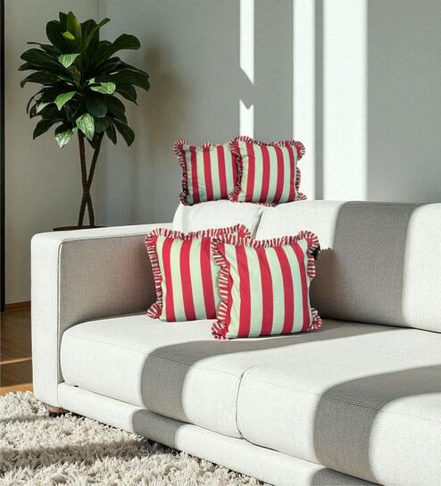 Green Striped Striped Cotton Ruffle 18x18 inches Cushion Covers Set of 4