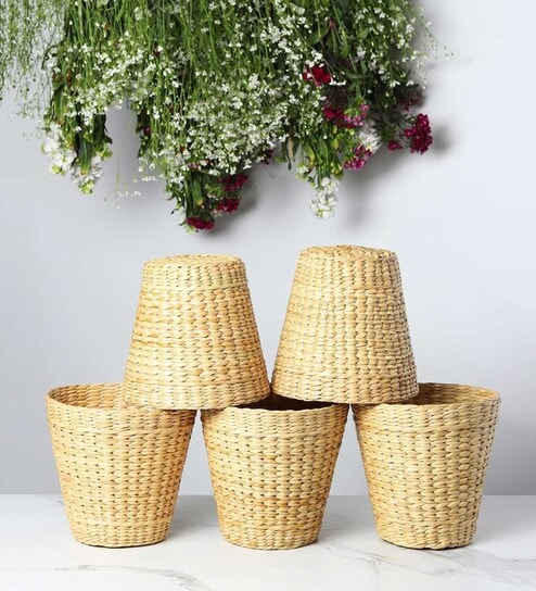 Set Of 5 Beige Seagrass Handwoven Multipurpose Planter & Storage Basket