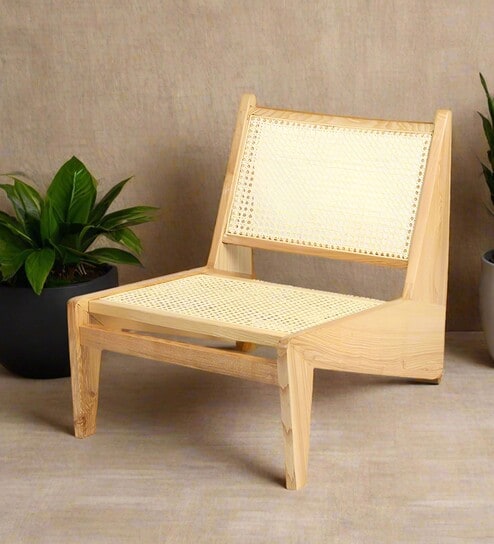 Cane Webbing Lounge Chair in Beige Color