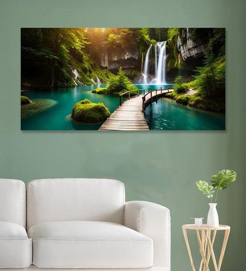 Canvas Framed Enchanting Waterfall with Scenic Bridge Wall Painting(24X48 Inch)