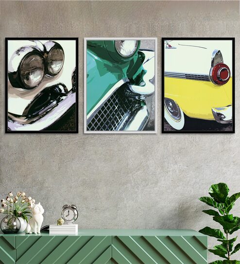 Canvas Framed Green & Yellow Set Of 3 Art Print