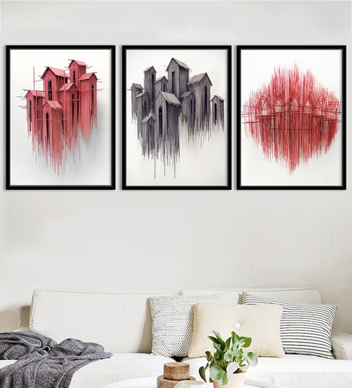 Canvas Framed Red & Grey Color Set Of 3 Art Print