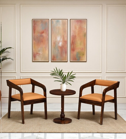 Carden N Sheesham Wood Cafe Table Set In Provincial Teak Finish  with Back Cushion